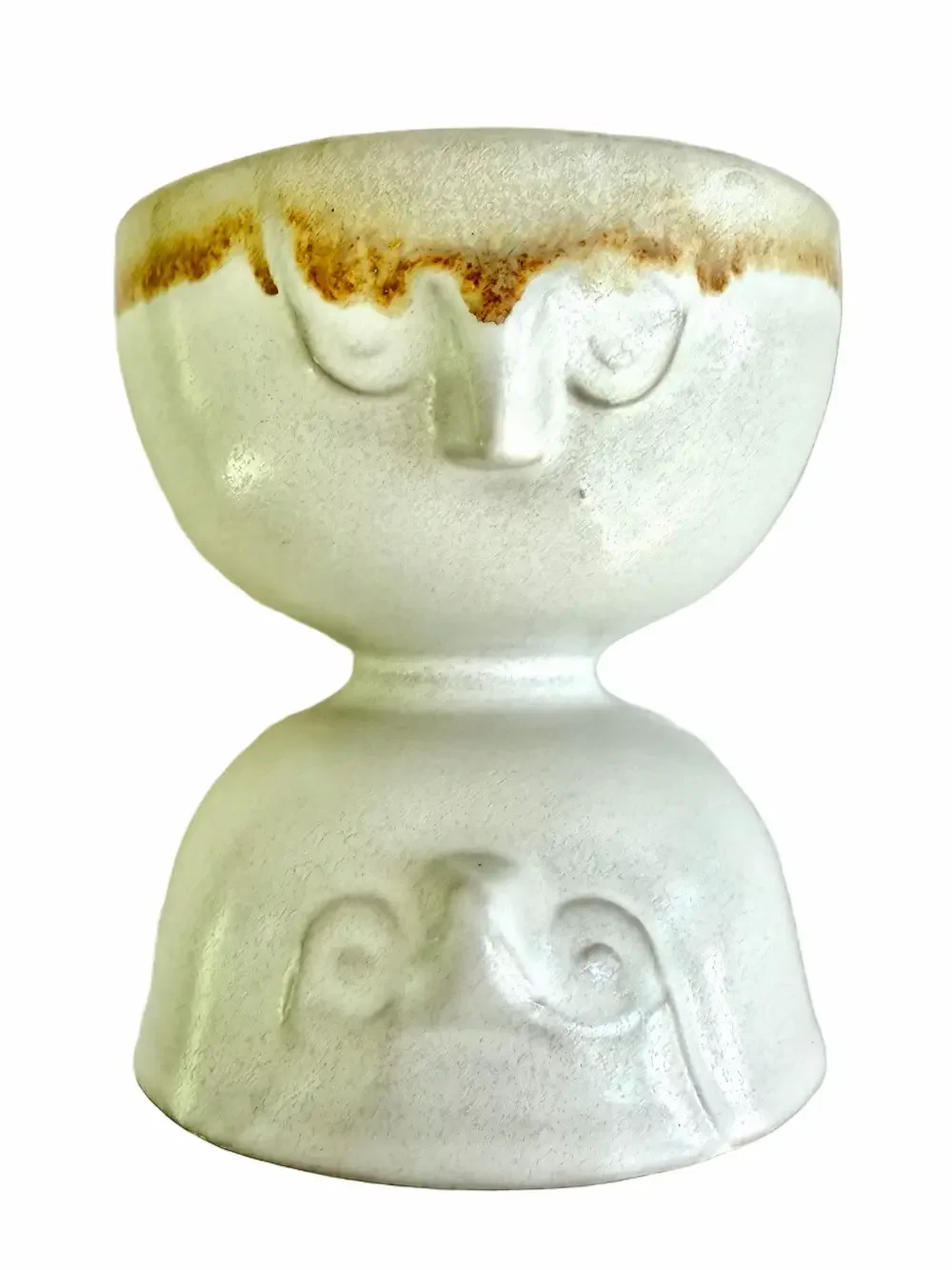 2 Vintage MCM Design Danish Ceramic Owl Faces Double Pedestal Bowls RARE